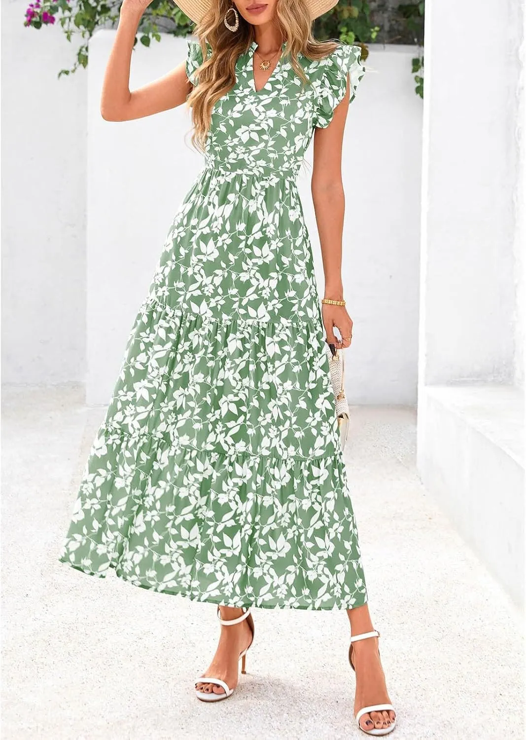 Summer Dresses for Women 2025 Cap Sleeve V Neck Ruffle Hem Swing Flowy Floral Maxi Dress Casual Beach Vacation Dresses