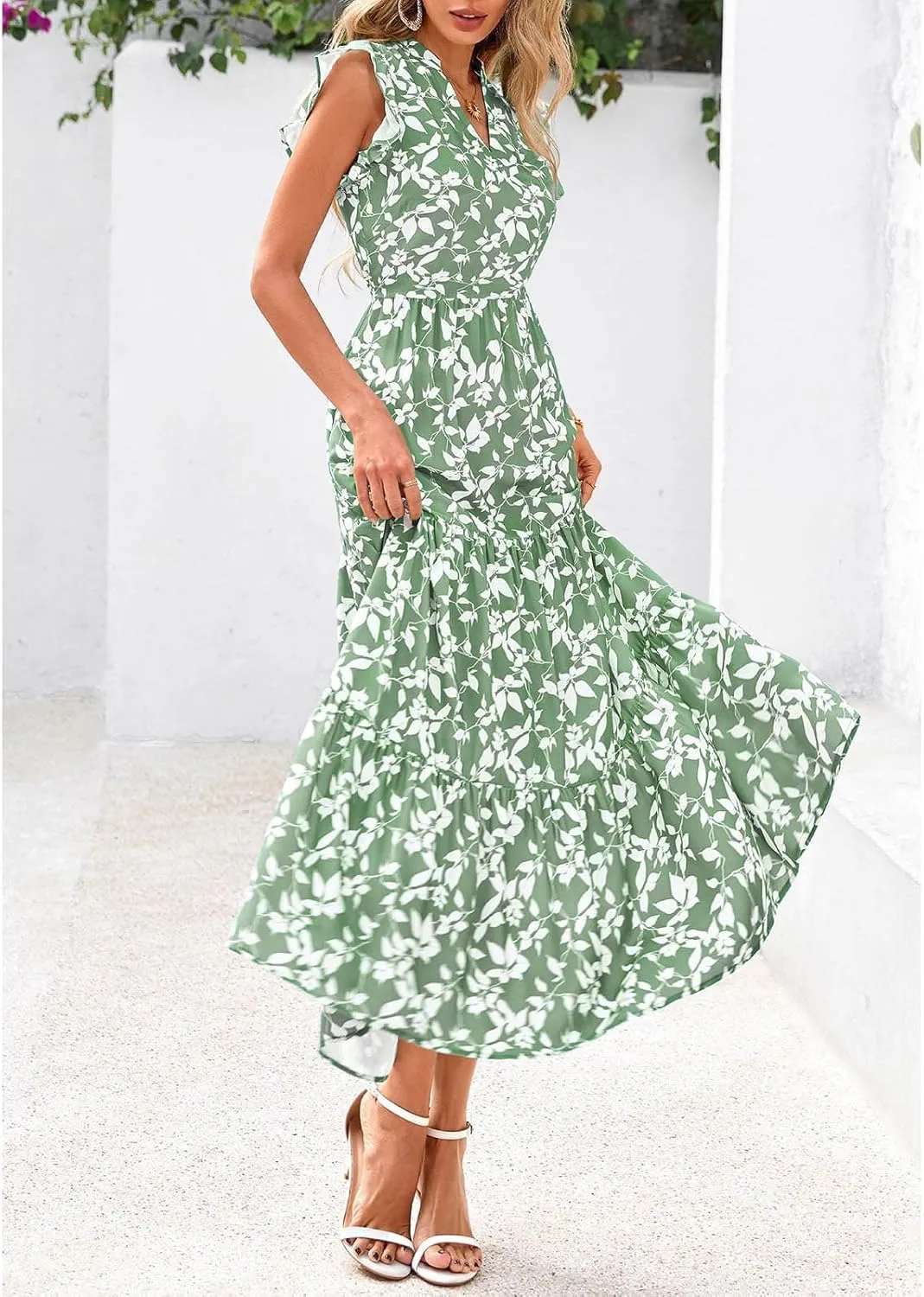 Summer Dresses for Women 2025 Cap Sleeve V Neck Ruffle Hem Swing Flowy Floral Maxi Dress Casual Beach Vacation Dresses