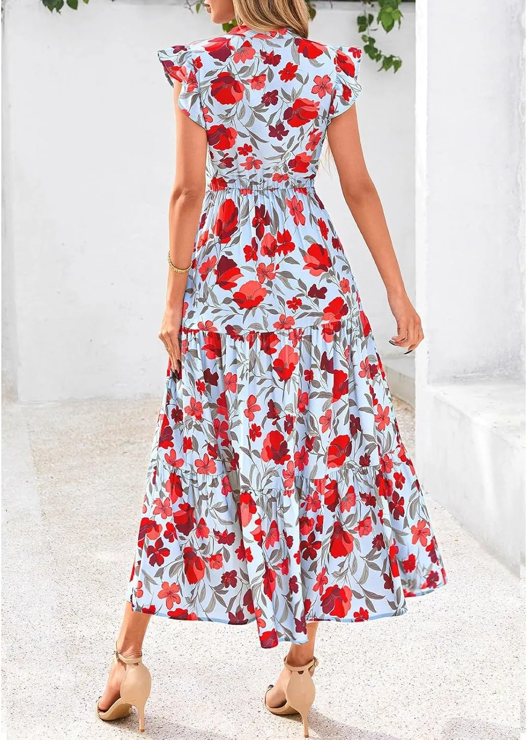 Summer Dresses for Women 2025 Cap Sleeve V Neck Ruffle Hem Swing Flowy Floral Maxi Dress Casual Beach Vacation Dresses