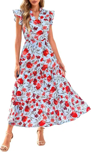 Summer Dresses for Women 2025 Cap Sleeve V Neck Ruffle Hem Swing Flowy Floral Maxi Dress Casual Beach Vacation Dresses