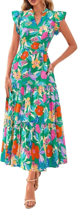 Summer Dresses for Women 2025 Cap Sleeve V Neck Ruffle Hem Swing Flowy Floral Maxi Dress Casual Beach Vacation Dresses