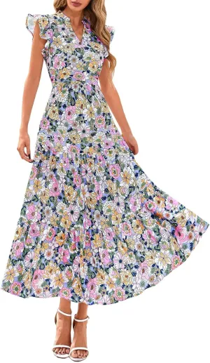 Summer Dresses for Women 2025 Cap Sleeve V Neck Ruffle Hem Swing Flowy Floral Maxi Dress Casual Beach Vacation Dresses