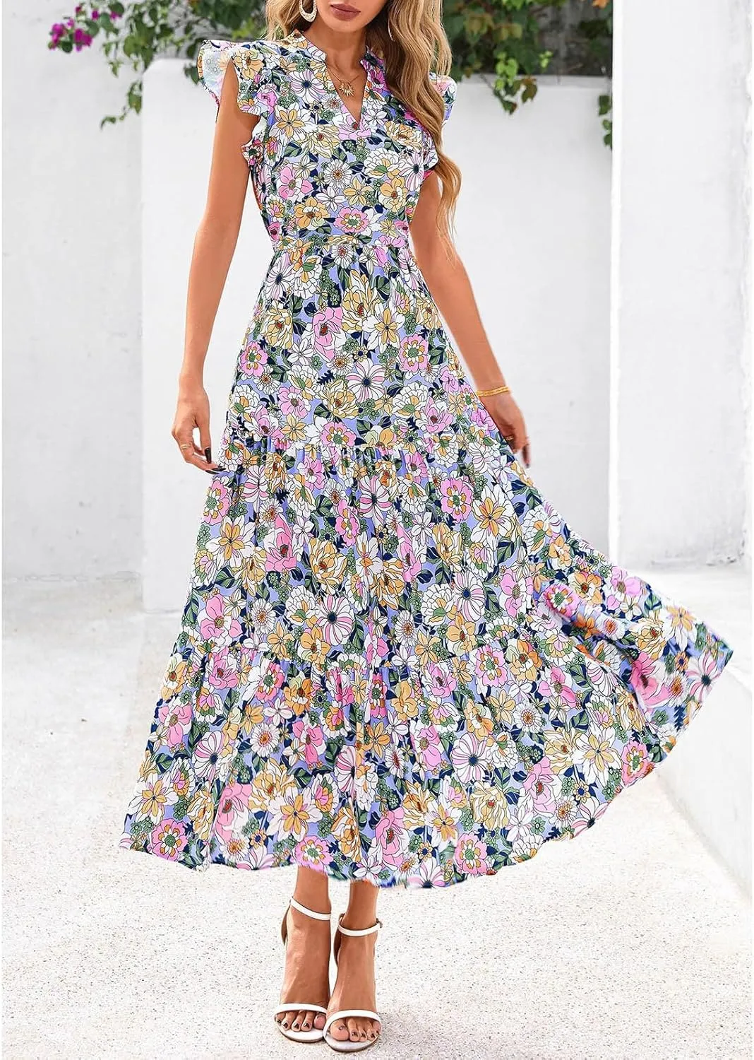Summer Dresses for Women 2025 Cap Sleeve V Neck Ruffle Hem Swing Flowy Floral Maxi Dress Casual Beach Vacation Dresses
