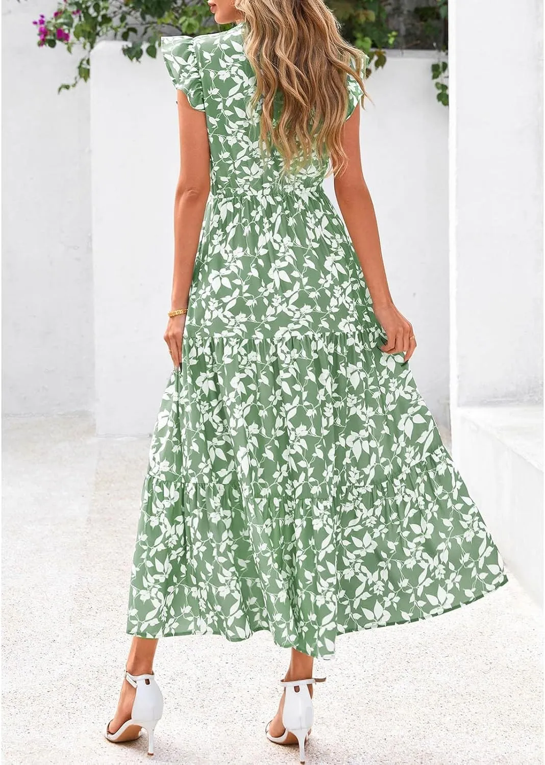 Summer Dresses for Women 2025 Cap Sleeve V Neck Ruffle Hem Swing Flowy Floral Maxi Dress Casual Beach Vacation Dresses