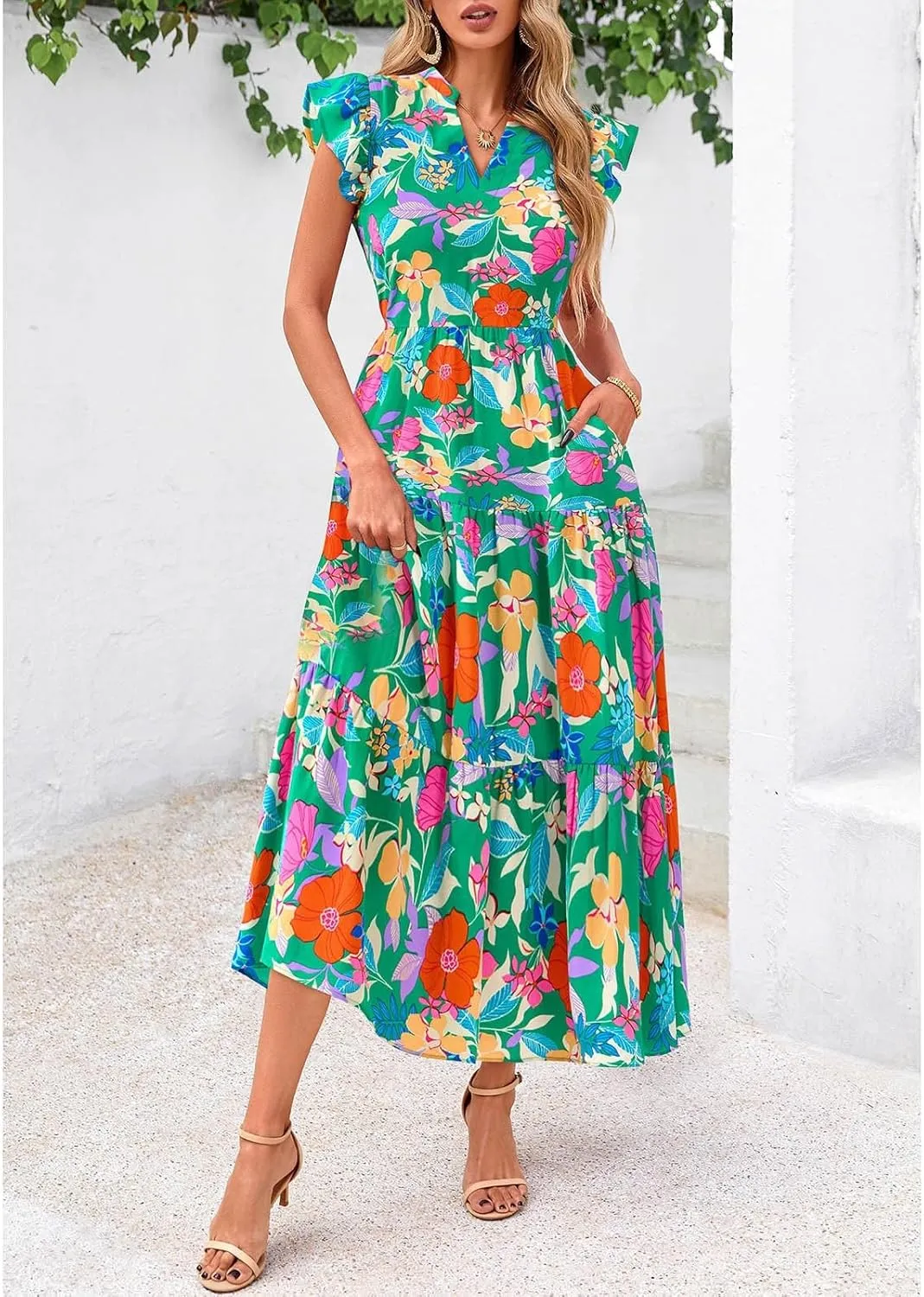 Summer Dresses for Women 2025 Cap Sleeve V Neck Ruffle Hem Swing Flowy Floral Maxi Dress Casual Beach Vacation Dresses