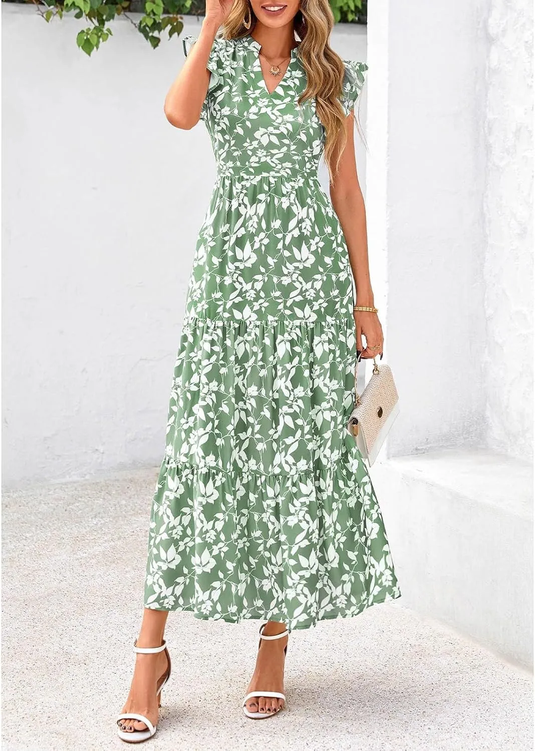 Summer Dresses for Women 2025 Cap Sleeve V Neck Ruffle Hem Swing Flowy Floral Maxi Dress Casual Beach Vacation Dresses