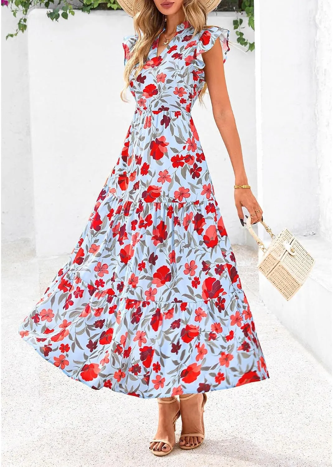 Summer Dresses for Women 2025 Cap Sleeve V Neck Ruffle Hem Swing Flowy Floral Maxi Dress Casual Beach Vacation Dresses