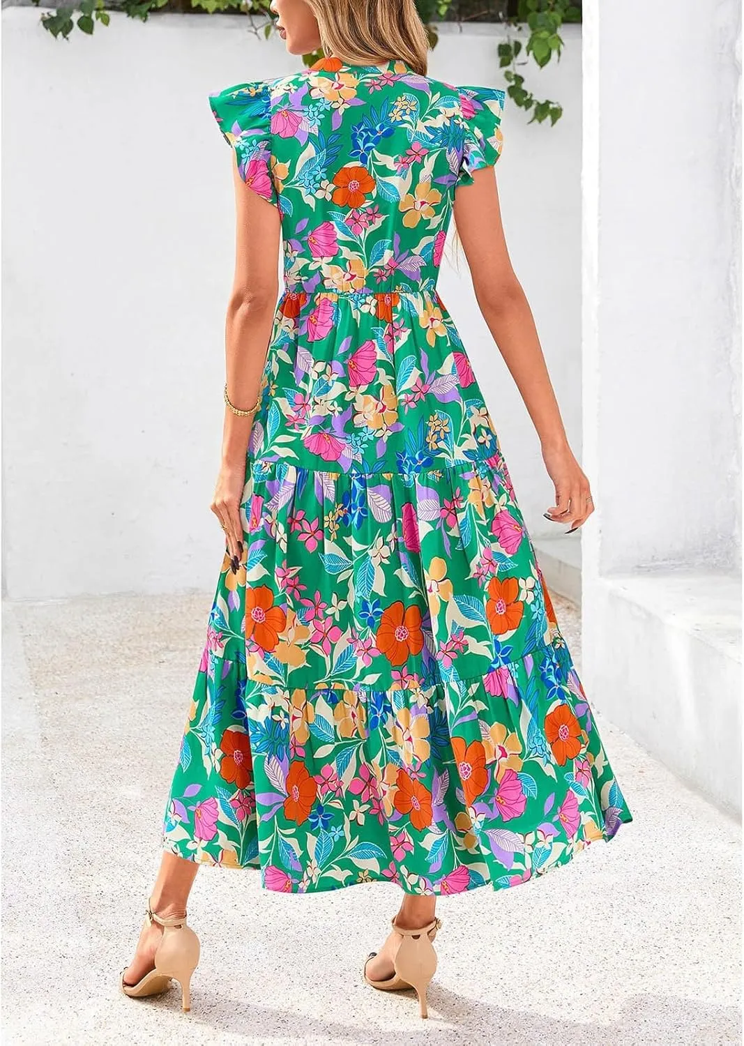 Summer Dresses for Women 2025 Cap Sleeve V Neck Ruffle Hem Swing Flowy Floral Maxi Dress Casual Beach Vacation Dresses