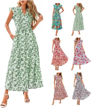 Summer Dresses for Women 2025 Cap Sleeve V Neck Ruffle Hem Swing Flowy Floral Maxi Dress Casual Beach Vacation Dresses