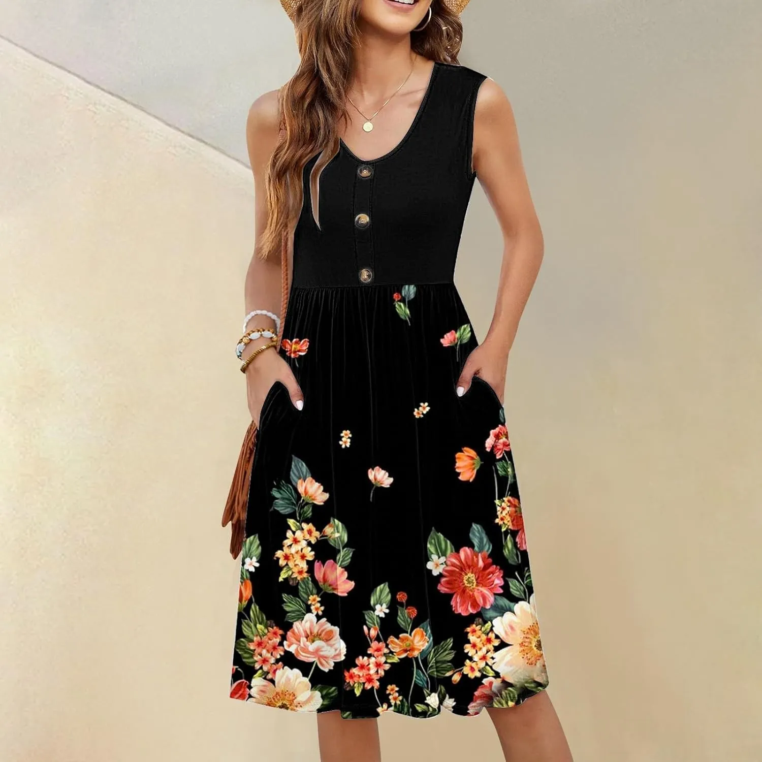 Summer Dresses for Women 2025 Casual Printed Sleeveless Loose Midi Dress with Pockets Sundresses for Women