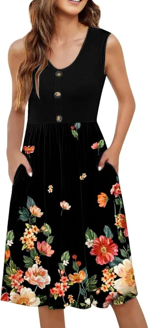 Summer Dresses for Women 2025 Casual Printed Sleeveless Loose Midi Dress with Pockets Sundresses for Women