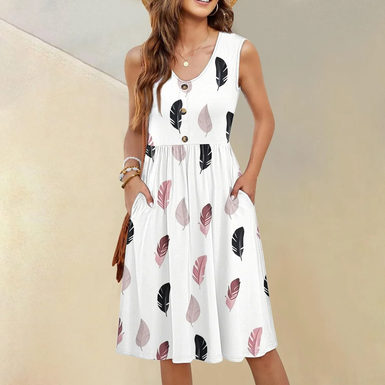 Summer Dresses for Women 2025 Casual Printed Sleeveless Loose Midi Dress with Pockets Sundresses for Women