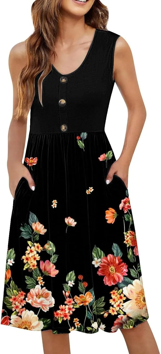 Summer Dresses for Women 2025 Casual Printed Sleeveless Loose Midi Dress with Pockets Sundresses for Women