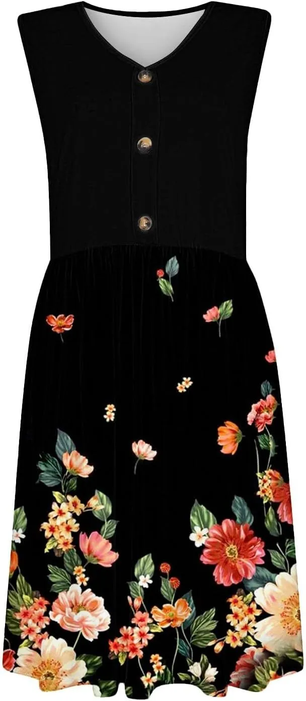 Summer Dresses for Women 2025 Casual Printed Sleeveless Loose Midi Dress with Pockets Sundresses for Women