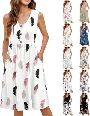 Summer Dresses for Women 2025 Casual Printed Sleeveless Loose Midi Dress with Pockets Sundresses for Women