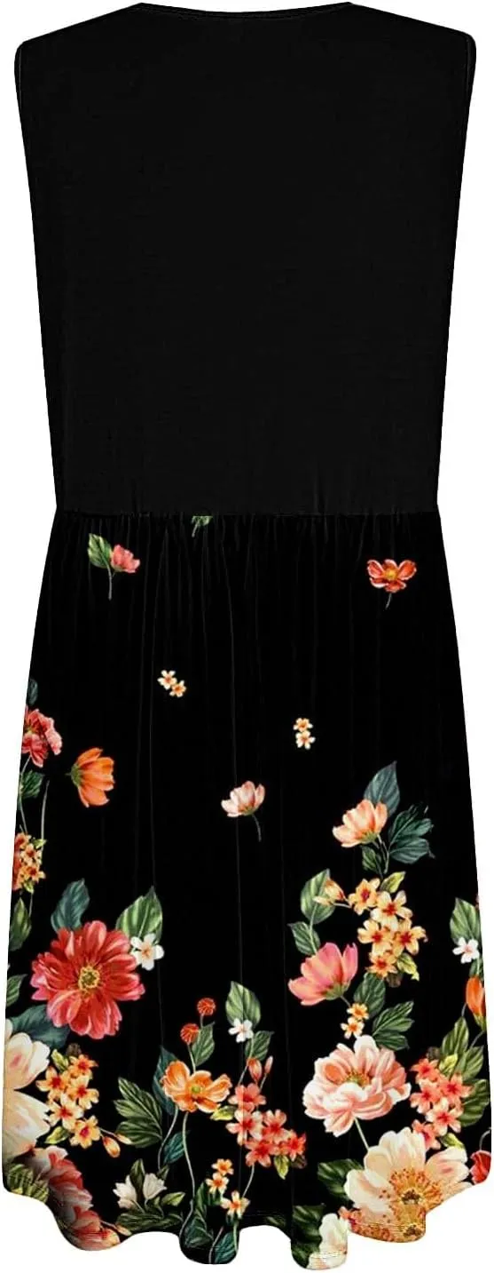 Summer Dresses for Women 2025 Casual Printed Sleeveless Loose Midi Dress with Pockets Sundresses for Women