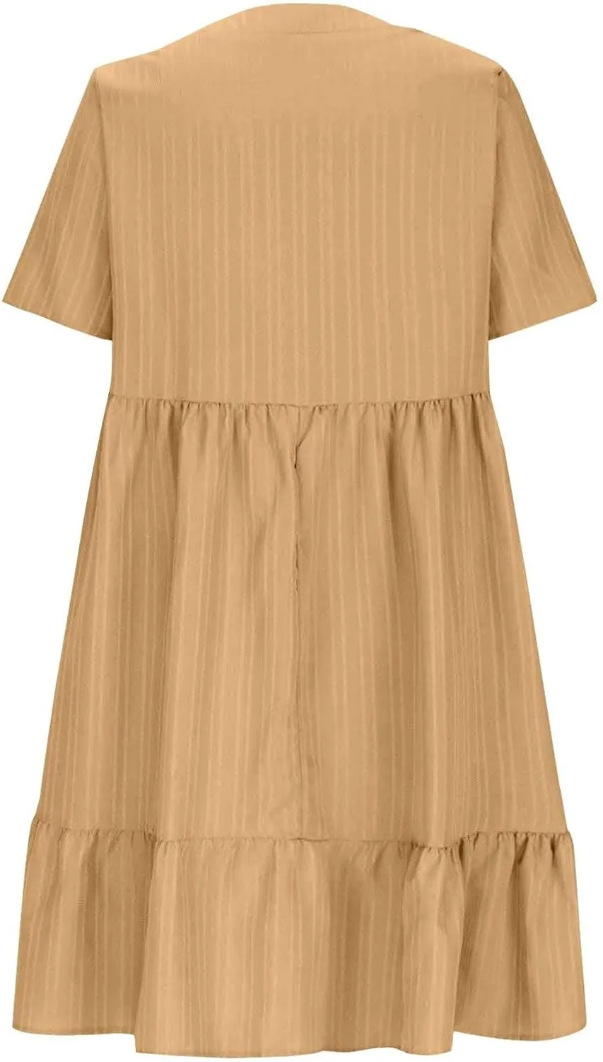 Summer Dresses for Women 2025 Solid V-Neck Short Sleeve Midi Dress Pleated Swing Short Beach Sundresses
