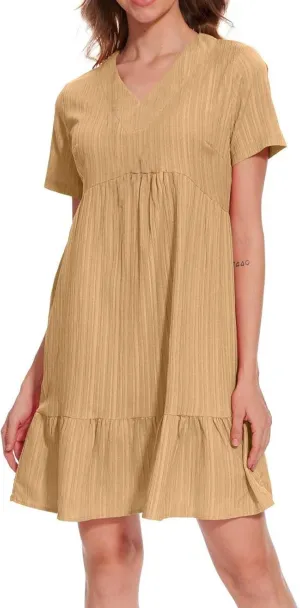 Summer Dresses for Women 2025 Solid V-Neck Short Sleeve Midi Dress Pleated Swing Short Beach Sundresses