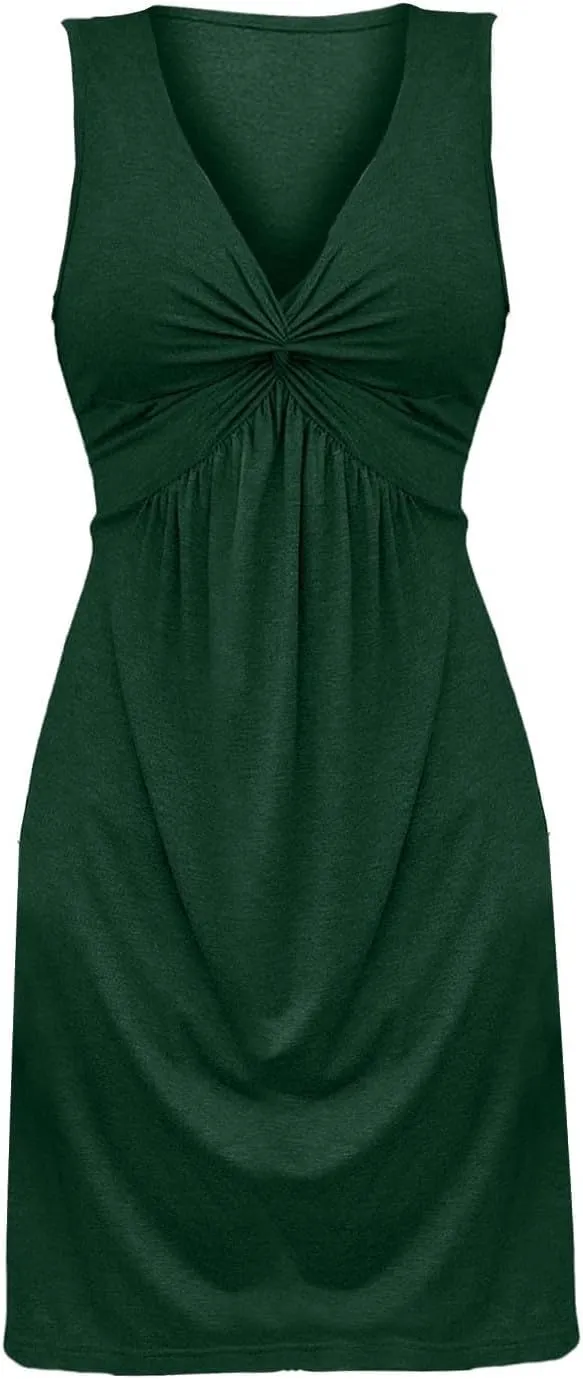 Summer Dresses for Women 2025 Trendy A-Line V Neck Sleeveless Dress Knotted Front Sundress Beach Vacation Outfits