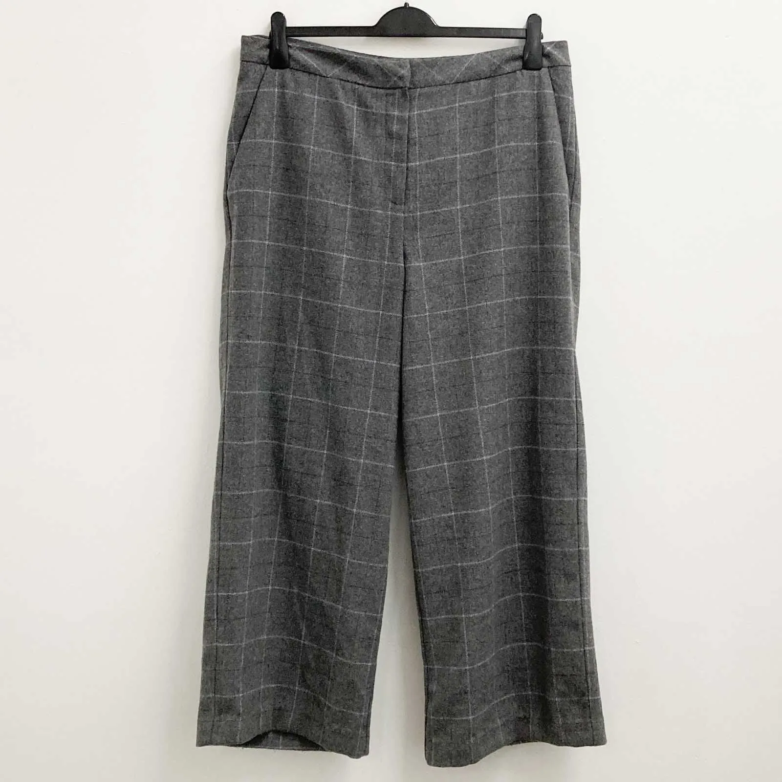 White Stuff Trousers Size 18 Grey Check Wool Blend Wide Leg