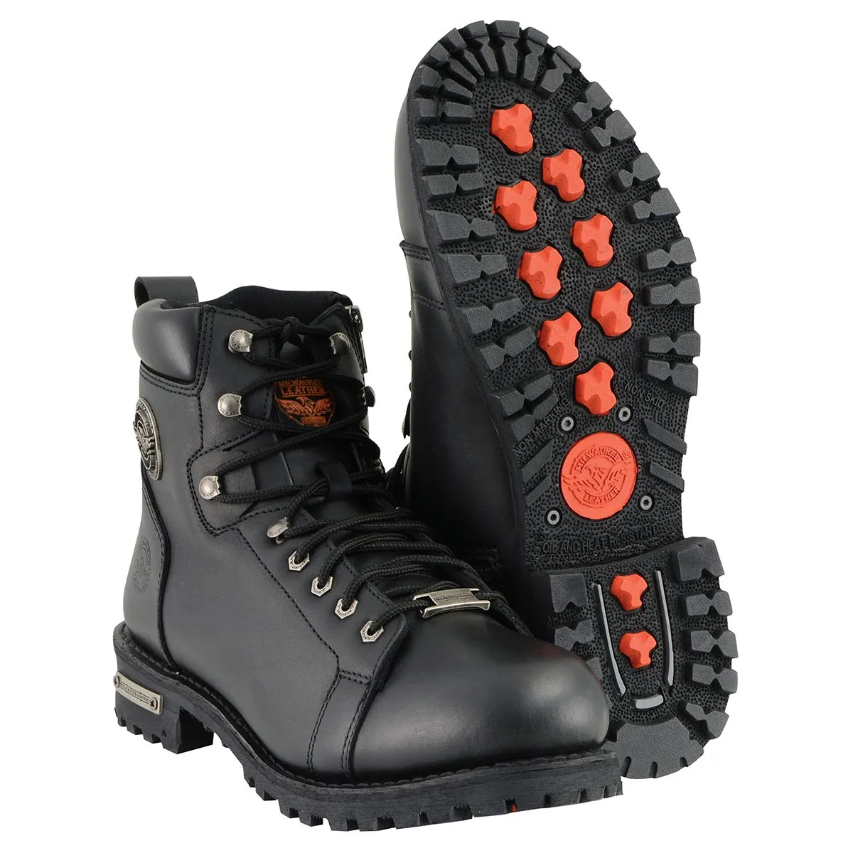 WIDE MBM100W Men's Black Leather Wide-Width Lace-Up Motorcycle Boots with Side Zipper