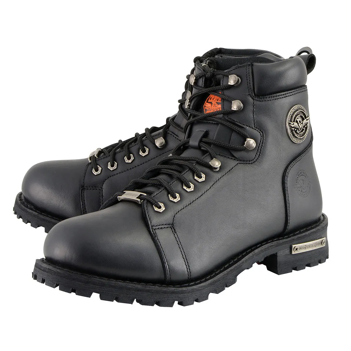 WIDE MBM100W Men's Black Leather Wide-Width Lace-Up Motorcycle Boots with Side Zipper