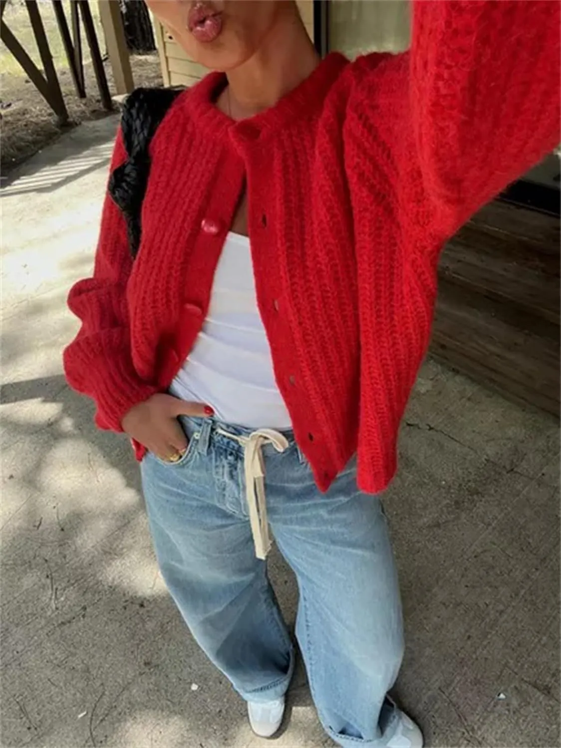 Women Chunky Knit Cardigan Y2k Long Latern Sleeve Crew Neck Button Up Open Front Cable Knitted Short Sweater Jackets
