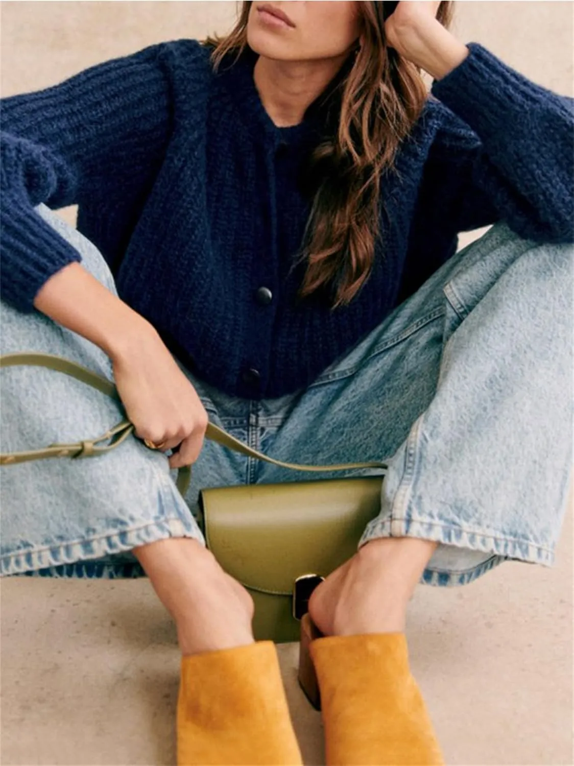 Women Chunky Knit Cardigan Y2k Long Latern Sleeve Crew Neck Button Up Open Front Cable Knitted Short Sweater Jackets