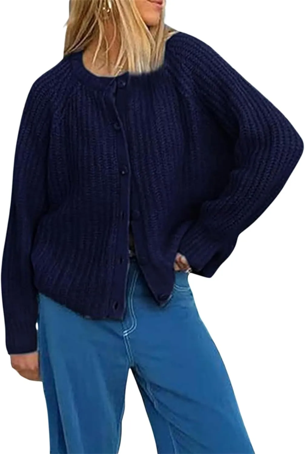 Women Chunky Knit Cardigan Y2k Long Latern Sleeve Crew Neck Button Up Open Front Cable Knitted Short Sweater Jackets
