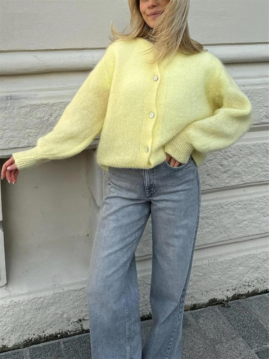 Women Chunky Knit Cardigan Y2k Long Latern Sleeve Crew Neck Button Up Open Front Cable Knitted Short Sweater Jackets