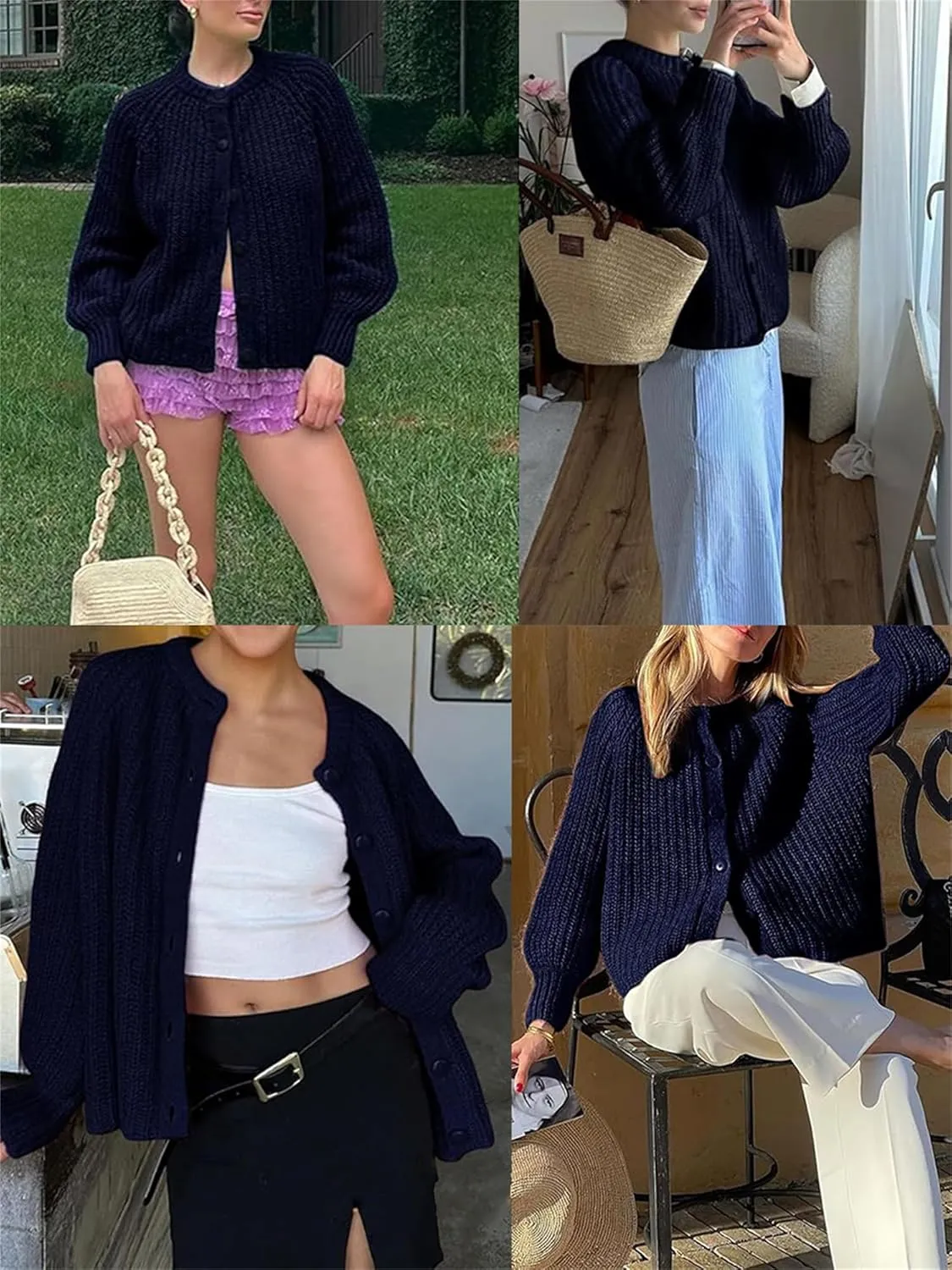 Women Chunky Knit Cardigan Y2k Long Latern Sleeve Crew Neck Button Up Open Front Cable Knitted Short Sweater Jackets