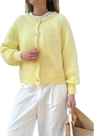 Women Chunky Knit Cardigan Y2k Long Latern Sleeve Crew Neck Button Up Open Front Cable Knitted Short Sweater Jackets