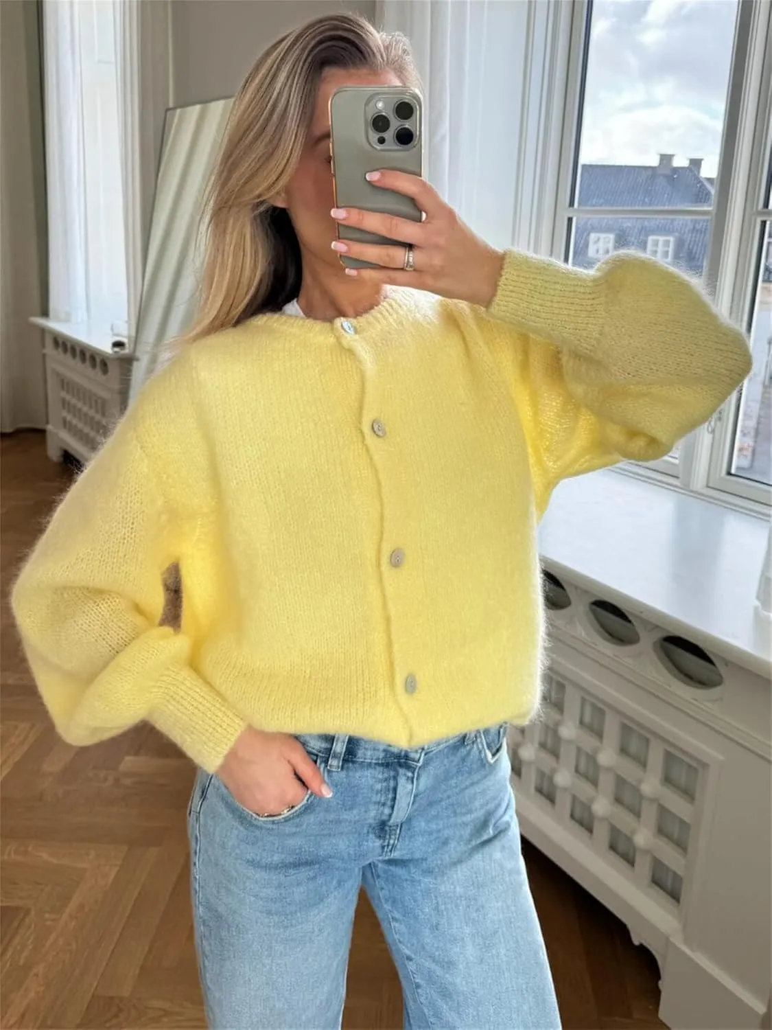 Women Chunky Knit Cardigan Y2k Long Latern Sleeve Crew Neck Button Up Open Front Cable Knitted Short Sweater Jackets