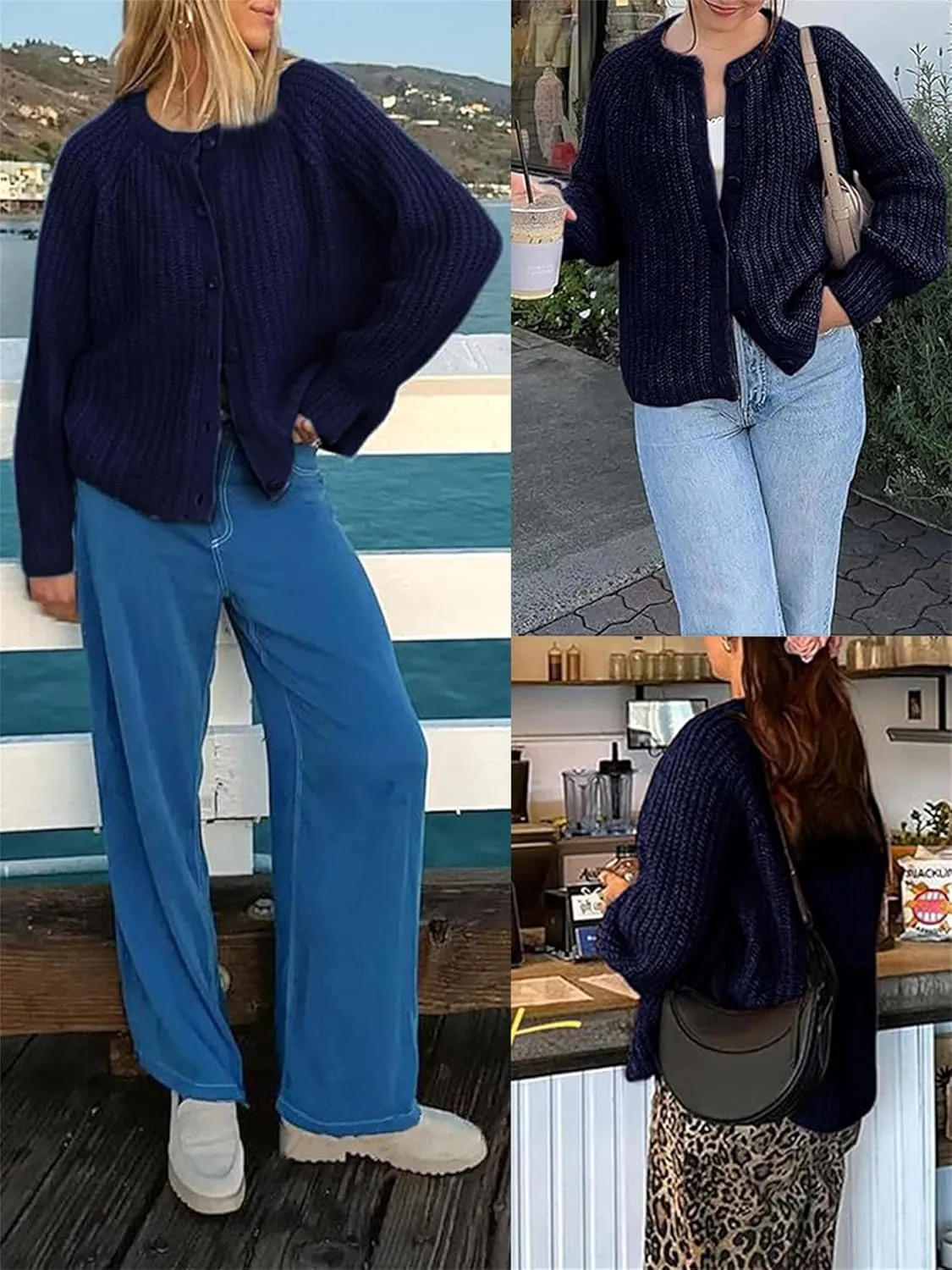 Women Chunky Knit Cardigan Y2k Long Latern Sleeve Crew Neck Button Up Open Front Cable Knitted Short Sweater Jackets