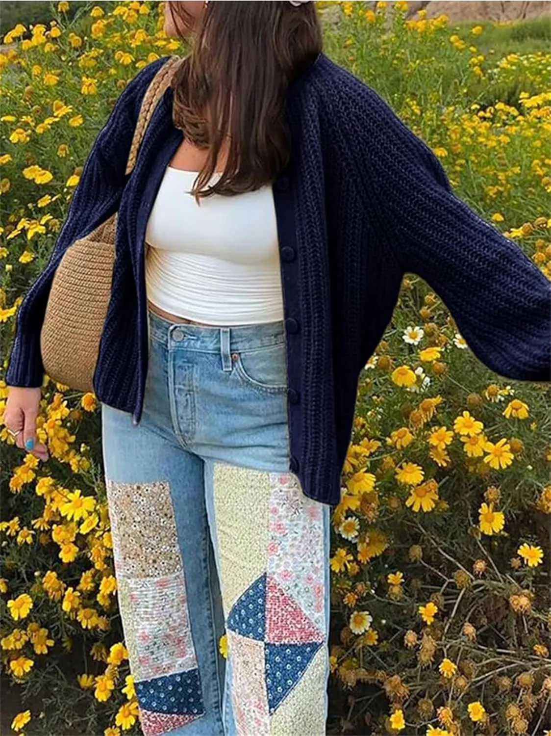 Women Chunky Knit Cardigan Y2k Long Latern Sleeve Crew Neck Button Up Open Front Cable Knitted Short Sweater Jackets