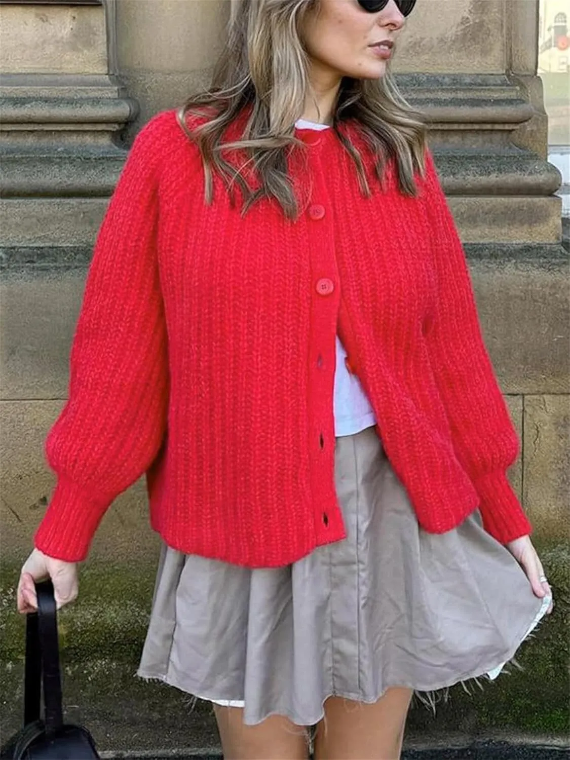 Women Chunky Knit Cardigan Y2k Long Latern Sleeve Crew Neck Button Up Open Front Cable Knitted Short Sweater Jackets