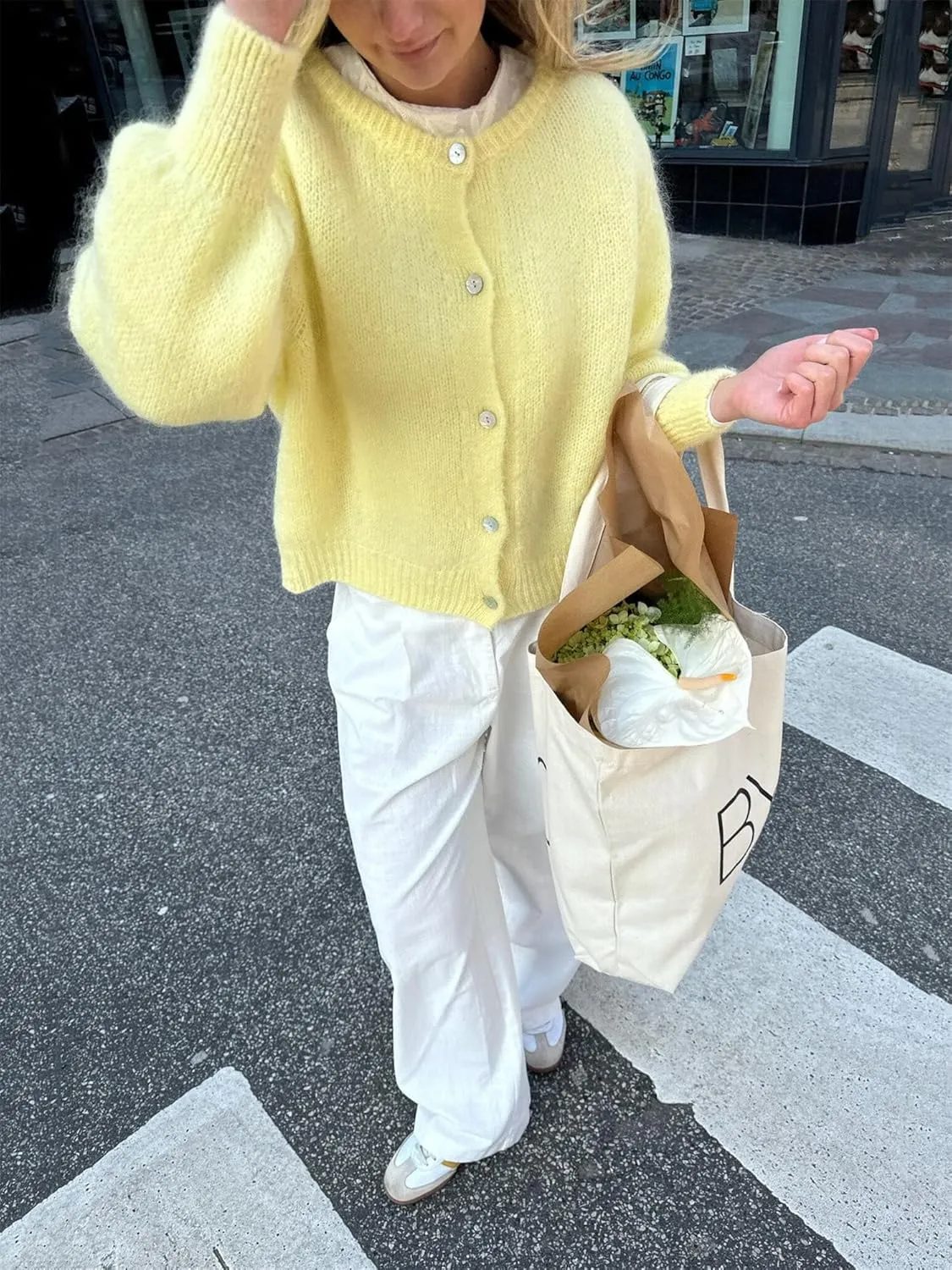 Women Chunky Knit Cardigan Y2k Long Latern Sleeve Crew Neck Button Up Open Front Cable Knitted Short Sweater Jackets