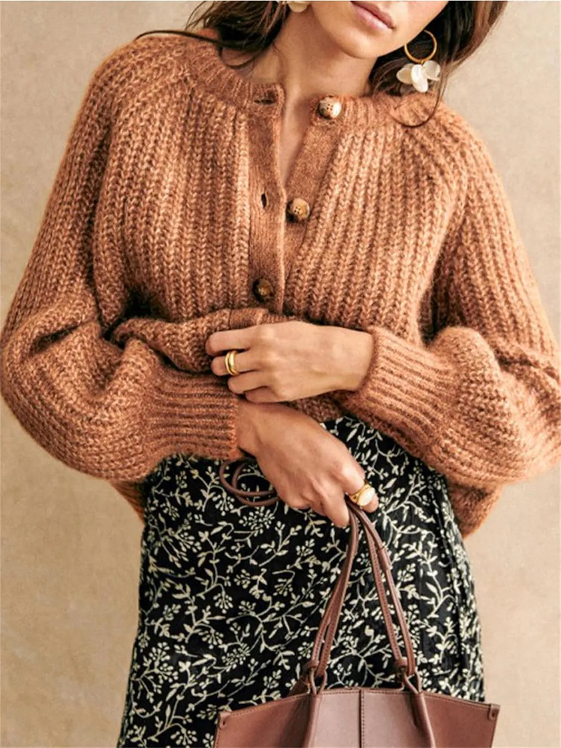 Women Chunky Knit Cardigan Y2k Long Latern Sleeve Crew Neck Button Up Open Front Cable Knitted Short Sweater Jackets