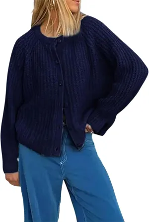 Women Chunky Knit Cardigan Y2k Long Latern Sleeve Crew Neck Button Up Open Front Cable Knitted Short Sweater Jackets