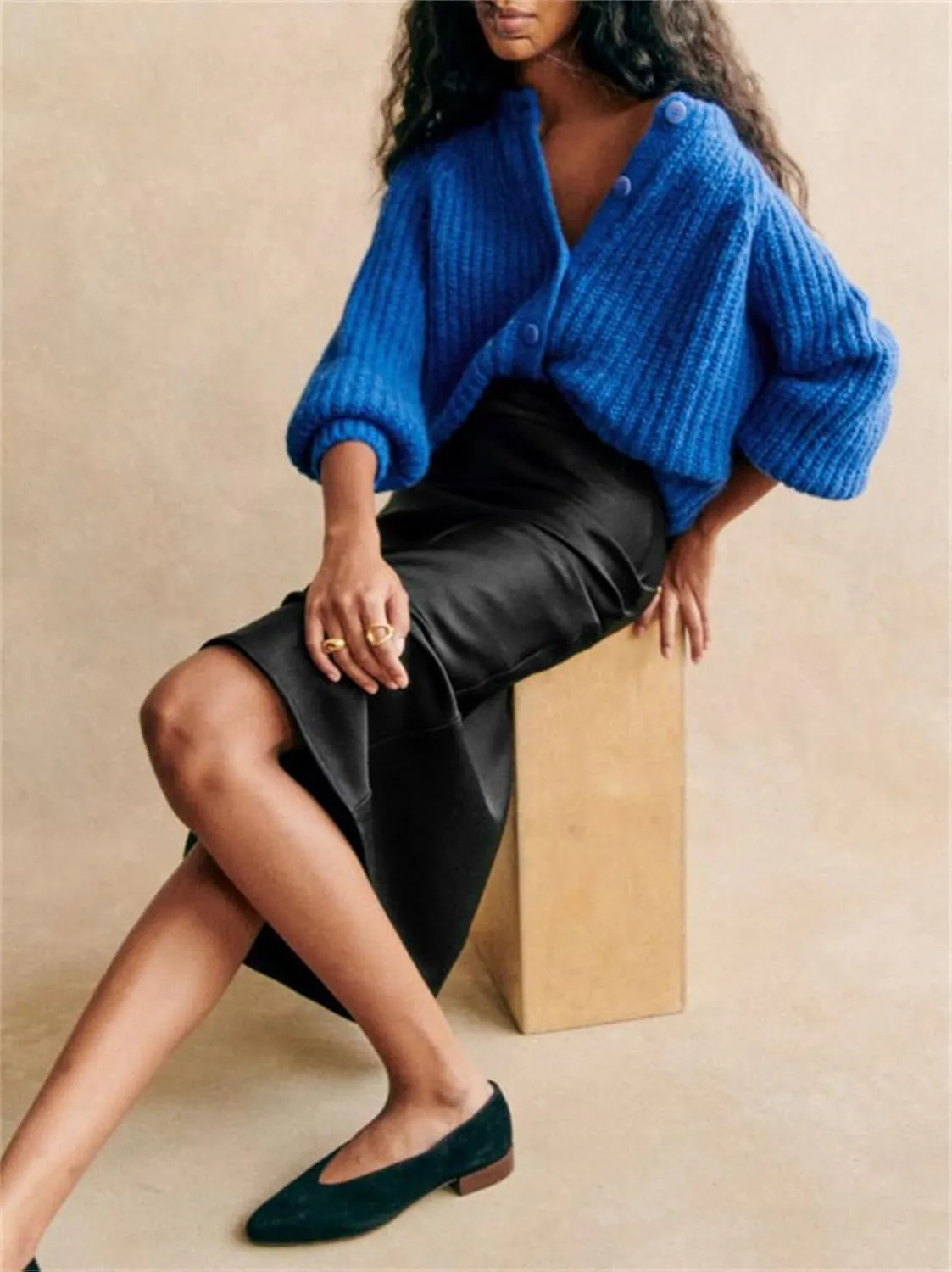 Women Chunky Knit Cardigan Y2k Long Latern Sleeve Crew Neck Button Up Open Front Cable Knitted Short Sweater Jackets