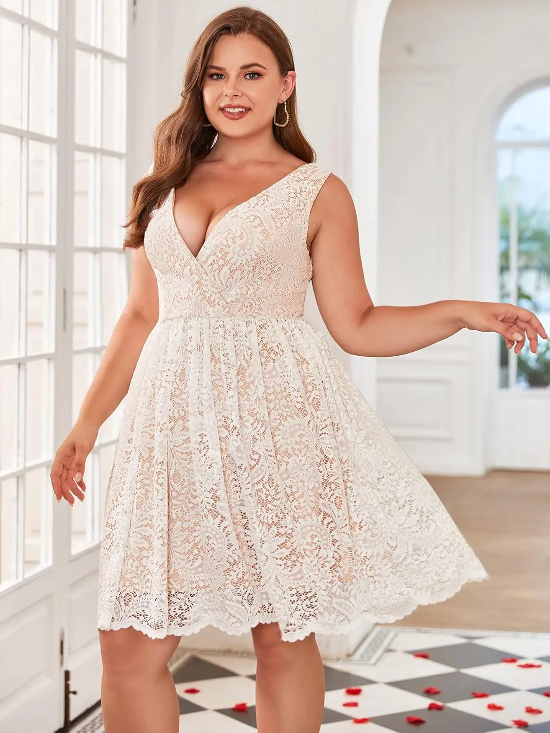 Women Plus Size Floral Lace V-Neck Midi Party Dress