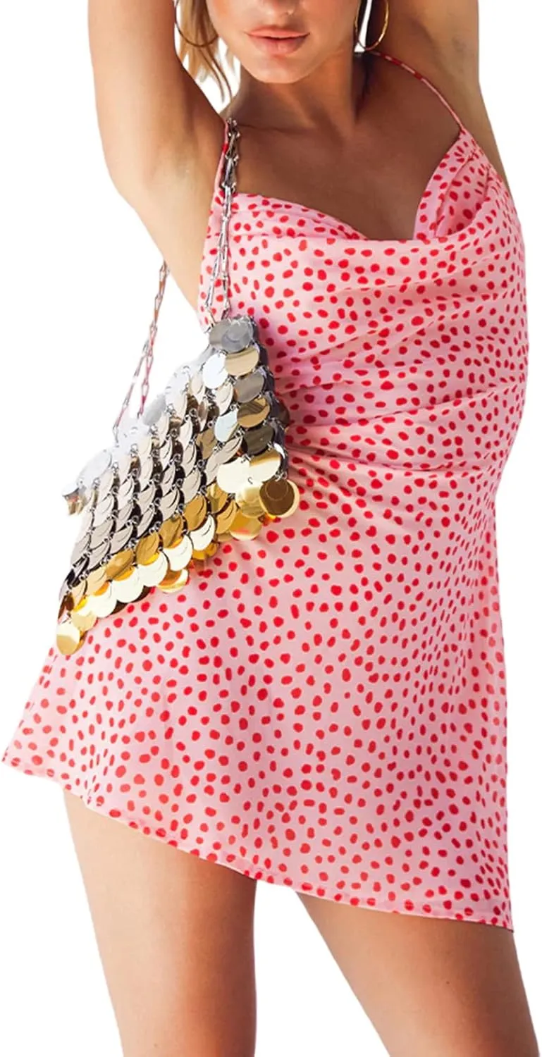 Women Spaghetti Strap Summer Floral Mini Dress Cowl Neck Sleeveless A Line Flare Short Cami Dress Beach Sundresses