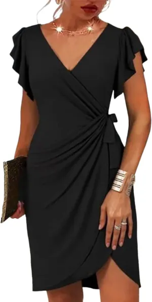 Womens 2025 Summer Fashion Sexy Dress Black V Neck Ruffled Sleeveless Cross Ruched Bodycon Beach Mini Dress