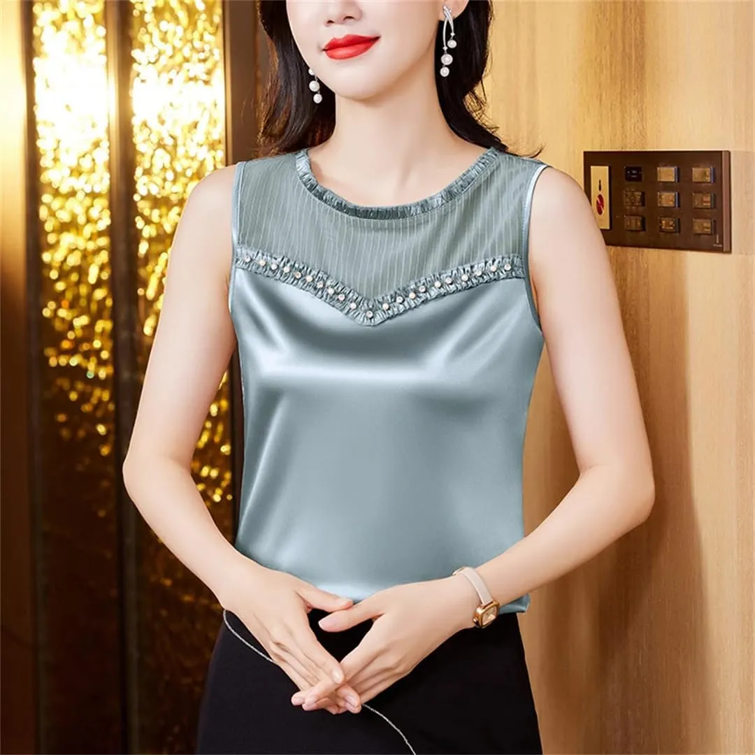 Women's Beaded Tank Top Summer Silk Satin Shirt Round Neck Sleeveless Camisole