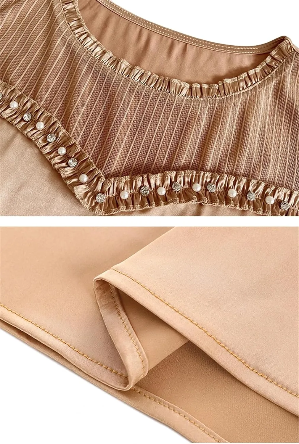 Women's Beaded Tank Top Summer Silk Satin Shirt Round Neck Sleeveless Camisole