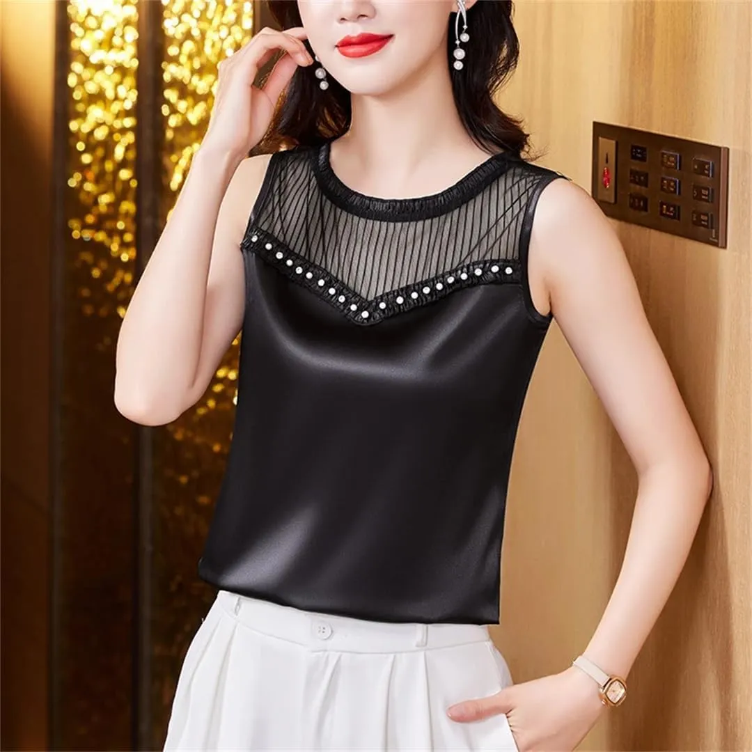 Women's Beaded Tank Top Summer Silk Satin Shirt Round Neck Sleeveless Camisole