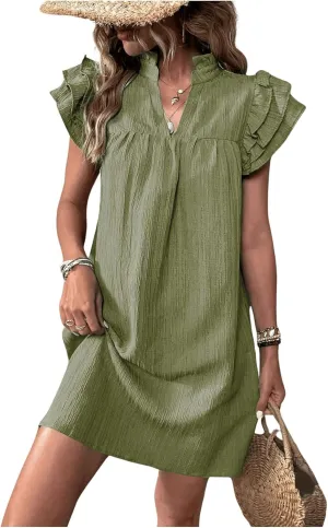 Women's Casual Mini Dress Ruffle Short Cap Sleeve High Waist V-Neck Dress Summer A-Line Cocktail Party Sundress