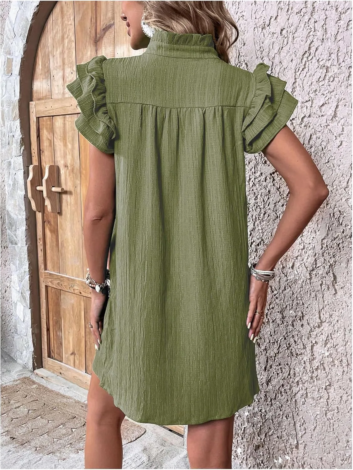 Women's Casual Mini Dress Ruffle Short Cap Sleeve High Waist V-Neck Dress Summer A-Line Cocktail Party Sundress