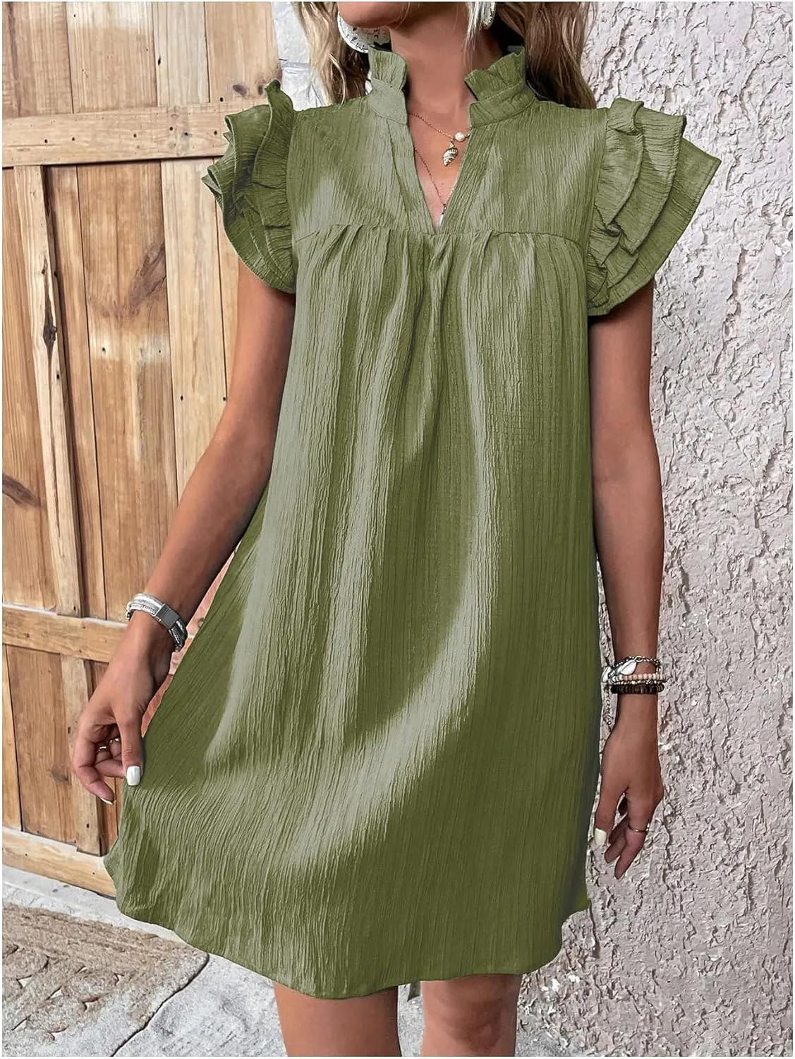Women's Casual Mini Dress Ruffle Short Cap Sleeve High Waist V-Neck Dress Summer A-Line Cocktail Party Sundress