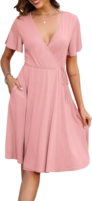 Women's Dress Casual Short Sleeve V-Neck Floral Party Dress with Pockets Split Elastic Waist Tie Mini Dresses